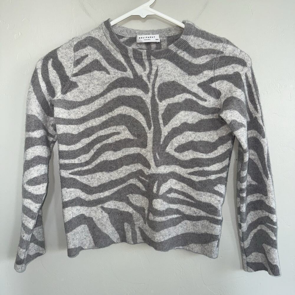 Equipment Femme 100% Cashmere Sweater Zebra Print Gray- SHRUNKEN SEE MEASUREMENT